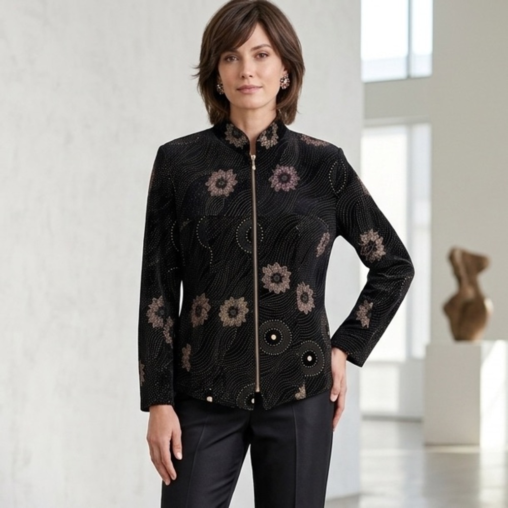 Lorizoni XL 100% Silk Full Zip Blazer Jacket Floral Black Gold Made In USA VTG